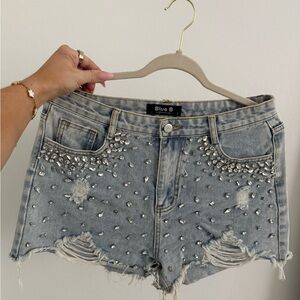 Women's Distressed Denim Shorts with Studs